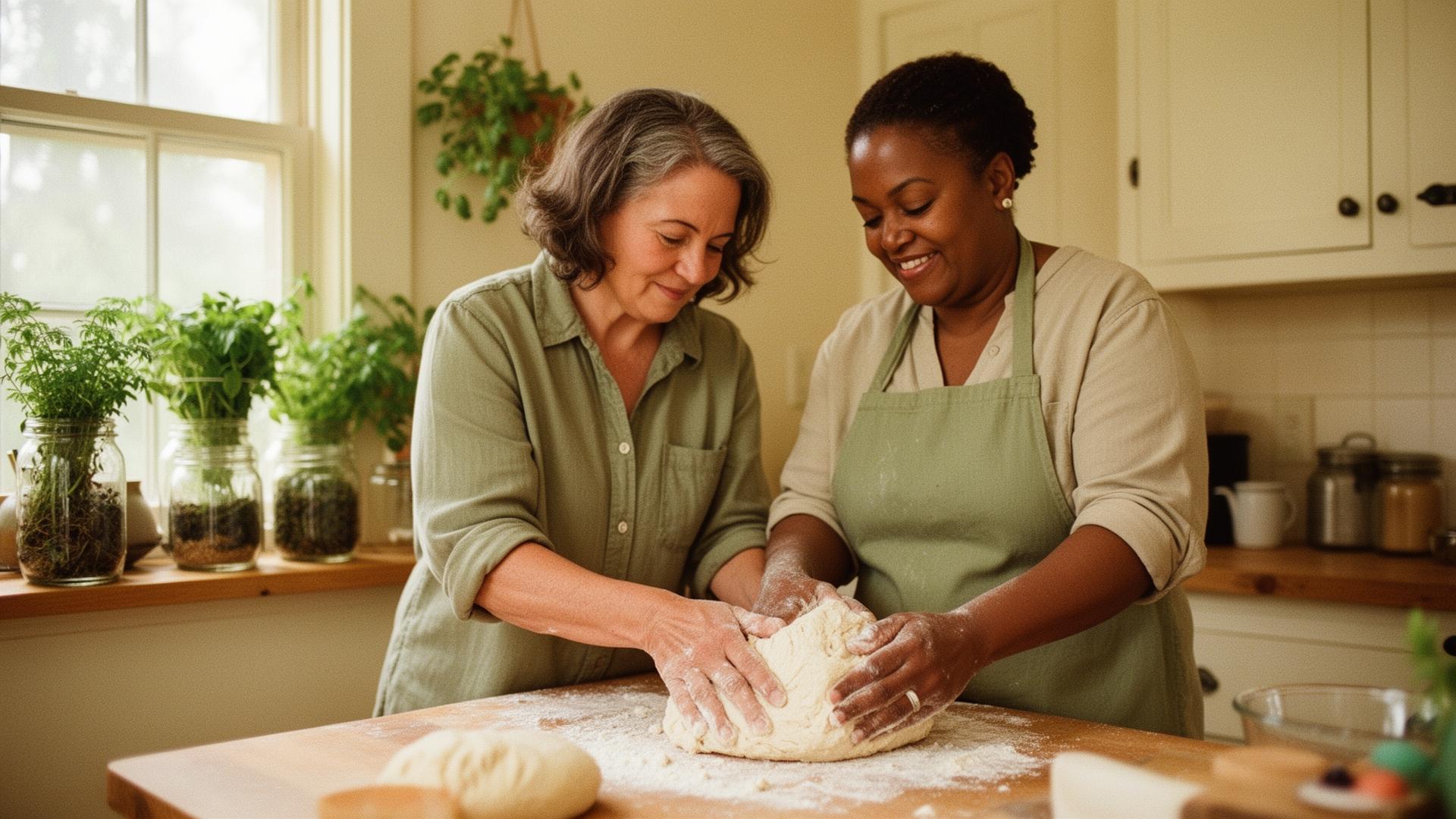 Two West Virginia neighbors sharing a baking lesson at a sunlit kitchen counter