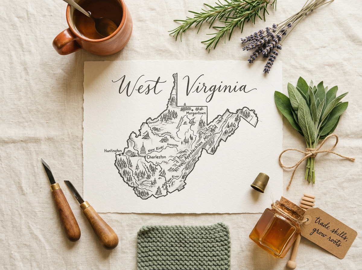 Flat-lay of West Virginia map sketch with terracotta mug, sage herbs, carving tools, knit swatch, and honey jar