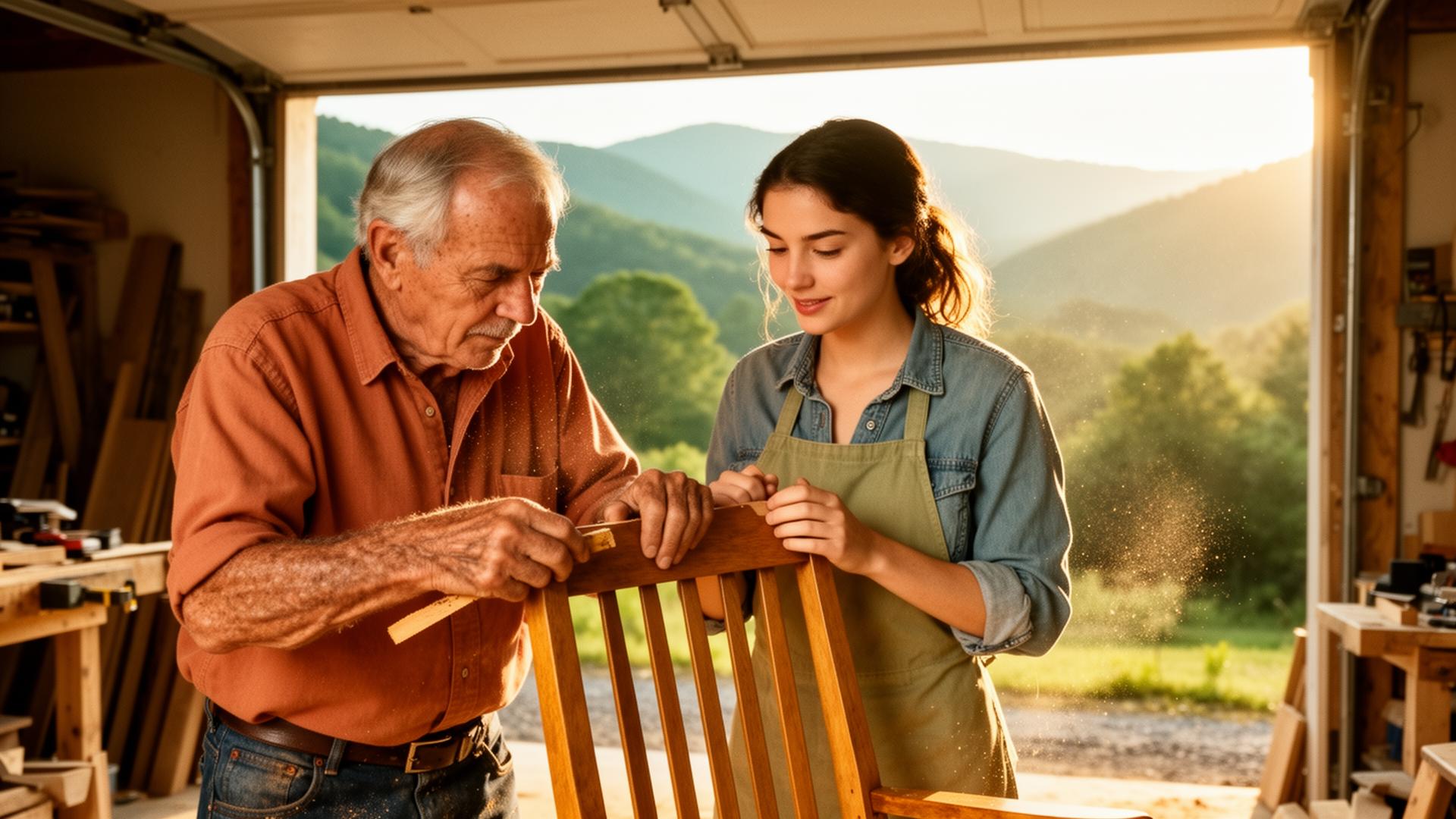 An older West Virginian craftsman teaching a young apprentice in a sunlit workshop with mountain views